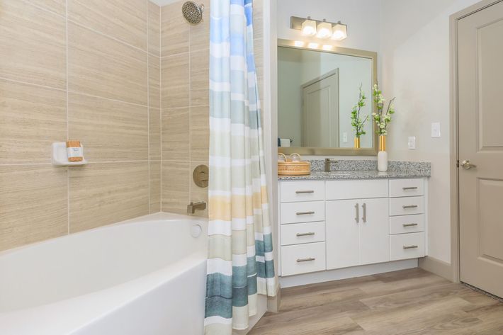 A modern bathroom featuring a bathtub with a striped shower curtain, a granite countertop with a sink, and a mirror above it. The space is adorned with potted plants and has light-colored tiles, wooden flooring, and a beige door, creating a clean and inviting atmosphere.