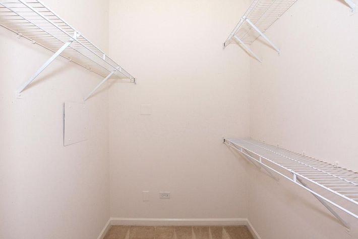 An empty closet with white wire shelving on both sides, beige carpeted floor, and plain light-colored walls. The space appears clean and well-lit, suitable for storage.