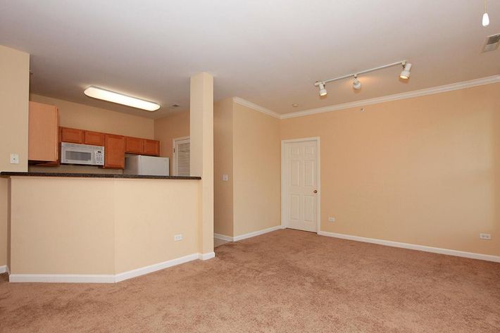 A spacious living area featuring tan walls and beige carpeting. There is a kitchen area with wooden cabinets and modern appliances, including a microwave. The room has track lighting on the ceiling and a doorway leading to another room. The overall ambiance is bright and inviting.