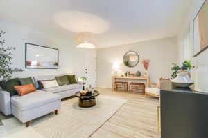 Platinum living room interior with area carpeting, couch and furniture at The Arbor in Blue Springs