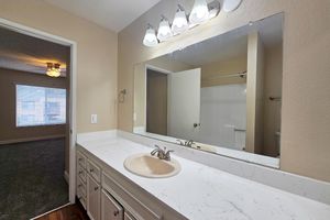 a double sink and large mirror