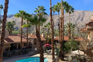 a group of palm trees with a building in the background