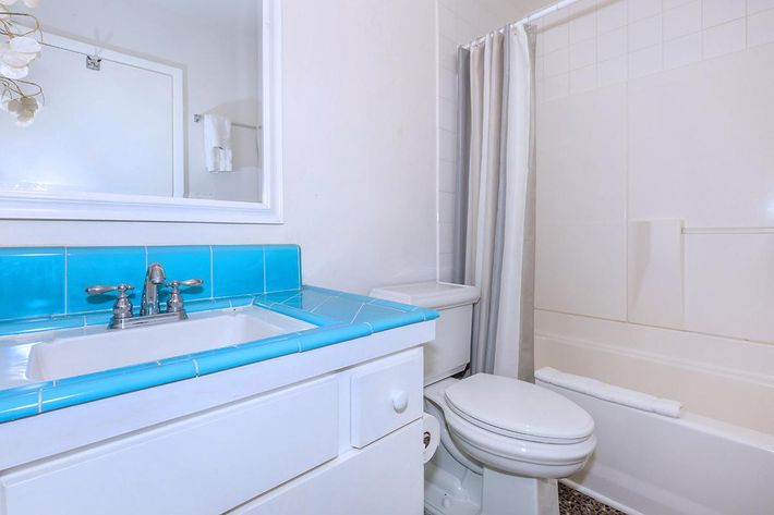 a blue and white tub next to a sink