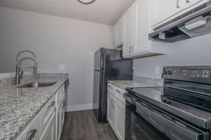 a kitchen with a stove and a sink