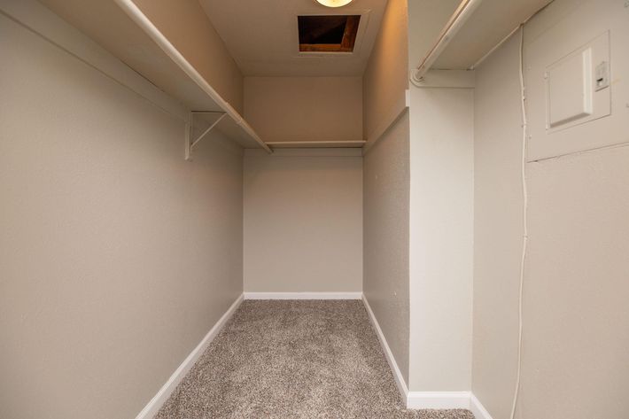 A spacious, empty closet with beige walls and carpeting. It features two shelves along the left side and an opening in the ceiling, revealing a small area above. The right wall includes a light switch. Natural light enters from an unseen source, creating a bright, uncluttered space.