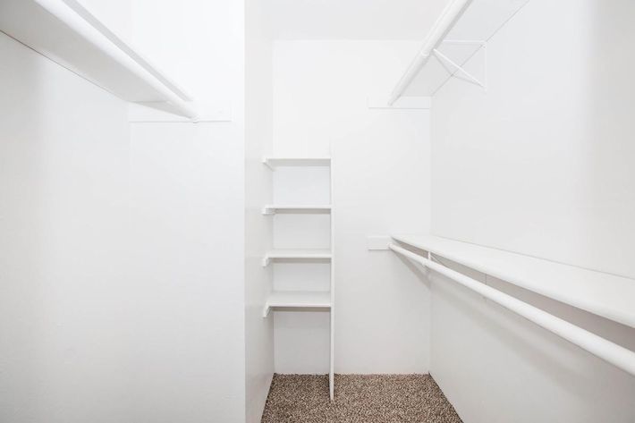 Empty white closet featuring a clean, minimalist design. It includes two horizontal clothing rods for hangers and a set of white shelves against one wall. The floor is covered with light brown carpeting, creating a simple and spacious storage area.