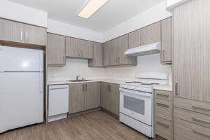 a kitchen with a stove and a refrigerator