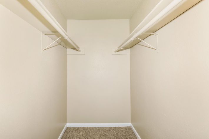 Empty closet with beige walls and two white hanging rods. The floor is carpeted in a light brown color, and there are no items or shelves visible in the space.