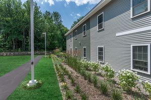 a house with bushes in front of a building