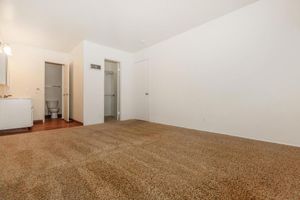 A spacious, empty room with beige carpet. There are two doors leading to a bathroom and a closet. The walls are a light color, and there's a small area with a sink and mirror on the left. The overall atmosphere is bright and clean, suitable for various uses.