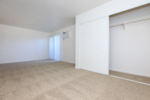 A spacious, empty room featuring light beige carpet and white walls. Natural light streams in through a sliding glass door, which leads to an outdoor area. To the right, there is a closet with sliding doors, and an air conditioning unit is visible on the wall. The overall atmosphere is bright and minimalistic.