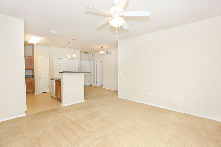 A spacious, empty living area with beige carpet and light-colored walls, featuring a ceiling fan and a kitchen area with a bar. The room has a door leading to another room and a hallway, with natural light coming from overhead fixtures. The overall ambiance is bright and inviting.