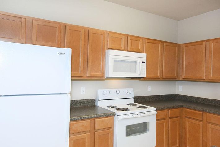 A modern kitchen featuring light wooden cabinetry, a white refrigerator, a white microwave above a stove, and a white oven. The countertops are dark, providing a contrast to the light-colored cabinets. The walls are painted a neutral tone, creating a clean and inviting atmosphere.
