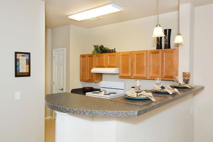 A modern kitchen featuring light wood cabinets, a countertop with several place settings, and a white stove and range hood. The space is well-lit with overhead lighting and includes decorative elements like a framed art piece and green plants on the countertop.