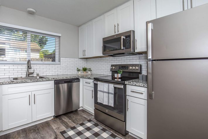 A modern kitchen featuring white cabinets, a stainless steel refrigerator, an oven with a microwave above it, and a dishwasher. The countertop is adorned with granite, and there's a small window with natural light. A checkered rug lies on the floor, with small plants placed near the sink.