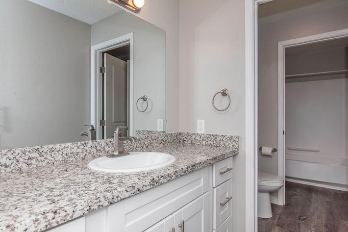 A modern bathroom featuring a granite countertop with a sink, a large wall mirror, and light fixtures. The cabinetry is sleek and white. In the background, a doorway leads to a closet area, and a towel ring is mounted on the wall. The decor is minimalist with neutral colors and wooden flooring.