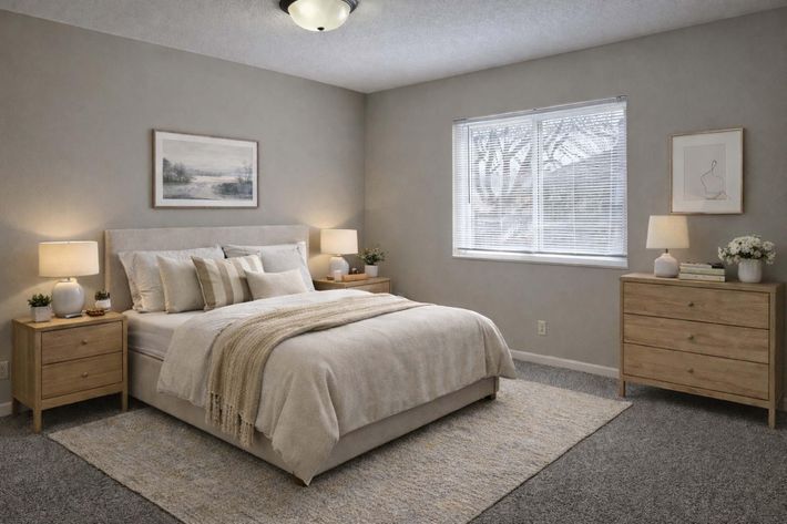 A modern bedroom featuring a light-colored bed with fluffy pillows and a cozy throw blanket. Nightstands with lamps are on either side, and a large window lets in natural light. The walls are painted a soft gray, and the floor is covered with a textured rug. A piece of artwork and decorative plants adorn the space.