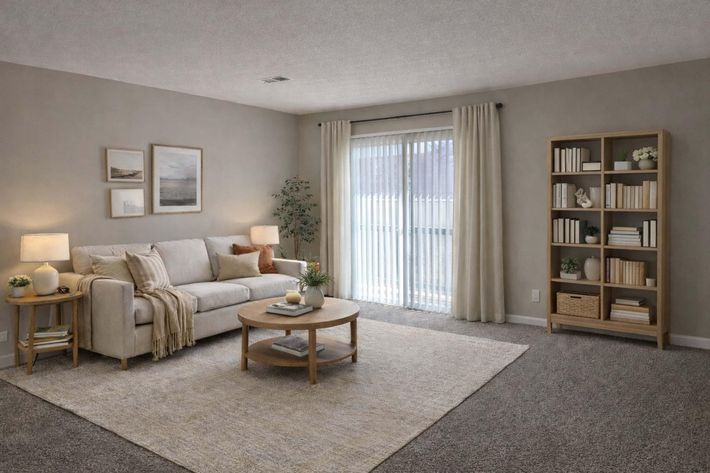 A cozy living room featuring a light-colored sofa with cushions, a round coffee table, and a soft area rug. There are decorative plants and framed pictures on the walls. A tall bookshelf filled with books and decorative items stands beside a sliding glass door that has sheer curtains, allowing natural light to brighten the space.