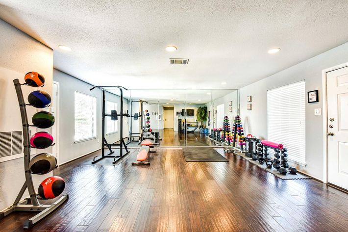 A brightly lit home gym featuring a variety of workout equipment. On the left side, there is a rack holding colorful exercise balls. In the center, a multi-station workout machine is visible. The room has hardwood floors, mirrors on one wall, and multiple sets of dumbbells in various colors along the right side. Large windows allow natural light to enter, and a door leads to the outside.