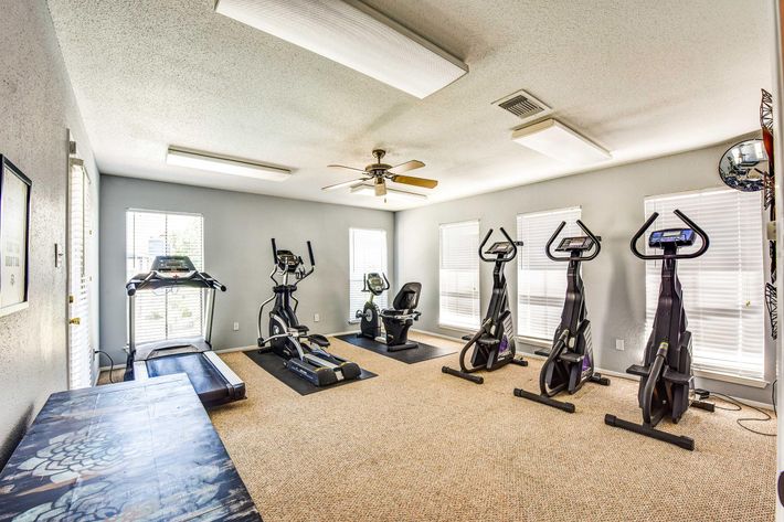 A home gym featuring various exercise equipment including a treadmill, stationary bike, elliptical machine, and a weight bench, with large windows allowing natural light to enter. The room is carpeted and has ceiling fans for ventilation.