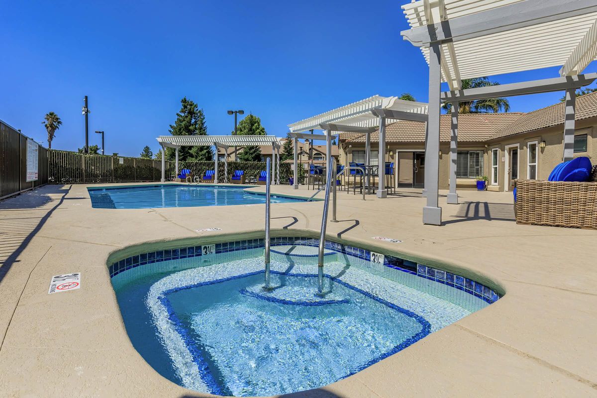 a pool next to a building