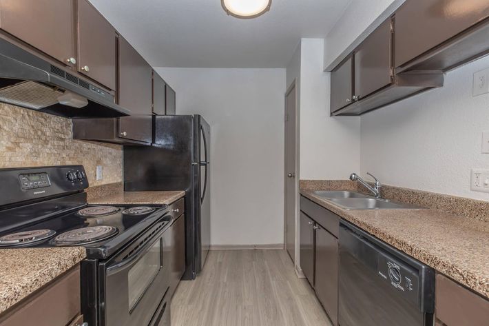 A modern kitchen featuring dark wood cabinetry, a black refrigerator, and a black stove with a smooth cooktop. The countertop is speckled granite, and there's a stainless steel sink. The walls are painted light, creating a contrast with the dark fixtures. The space is well-lit, creating a clean and inviting atmosphere.