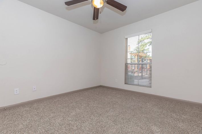 A small, empty room with light-colored walls and a textured carpet. It features a ceiling fan and a window with blinds, allowing natural light to enter. There are no furniture or decorations, emphasizing the room's spaciousness.