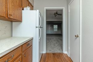 a kitchen with wooden cabinets and a brown door