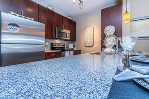 Modern kitchen featuring a sleek granite countertop, stainless steel appliances, and dark wooden cabinetry. A decorative statue and artistic wall piece add elegance, while a stylish pendant light hangs above. The setting is well lit and organized, showcasing a contemporary design suitable for both cooking and entertaining.