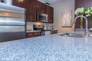 A modern kitchen featuring stainless steel appliances, including a refrigerator and microwave, with dark wood cabinetry. The countertops are made of gray speckled granite, and there is a sink with a stylish faucet. Decorative elements include a wall piece and fresh flowers, adding a touch of elegance.