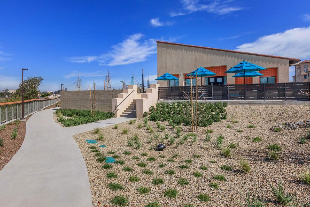 Green landscaping next to community building