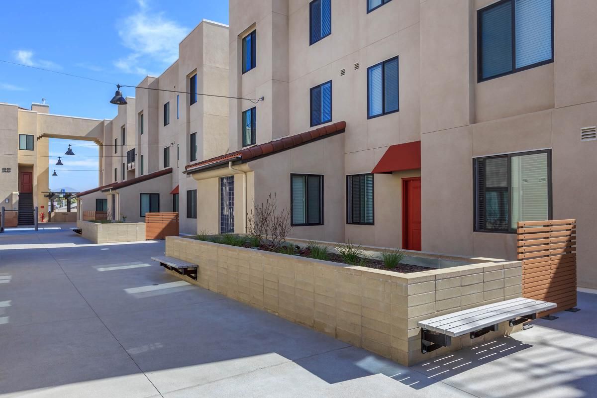 Courtyard with wooden benches