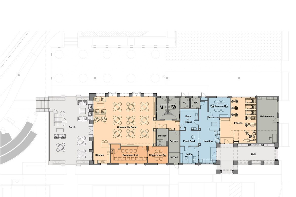 Floor plan of a building featuring various spaces such as a community room, kitchen, fitness area, leasing office, and maintenance. The layout distinguishes different rooms and areas using color coding for better clarity.