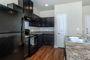 A modern kitchen featuring black appliances, dark wooden cabinets, and a granite countertop. The layout includes a refrigerator, stove, and sink with an open design, allowing ample space and natural light. The warm wood floor complements the dark cabinetry.
