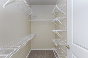 Empty closet with light beige walls and gray carpet. The closet features white wire shelving organized on both sides, with multiple shelves for storage. A door is partially visible on the right, providing access to the space. The overall aesthetic is clean and minimalistic.