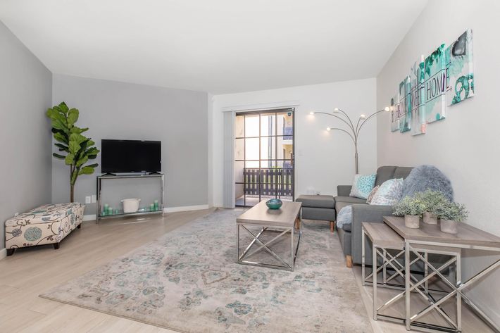 Modern living room featuring a gray sofa with decorative pillows, a coffee table with metallic legs, and a large area rug. There's a potted plant in the corner, a TV on a stand, and a sliding glass door leading to a balcony. The walls are painted light gray, accentuated by teal artwork.