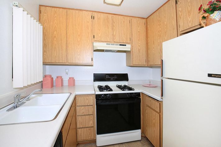A small kitchen featuring wooden cabinetry, a gas stove with a hood, a white refrigerator, and a dual basin sink. The countertop is clutter-free, with pink canisters on display. A wall-mounted gradient blind provides privacy, and a small decorative plant can be seen atop the cabinets.