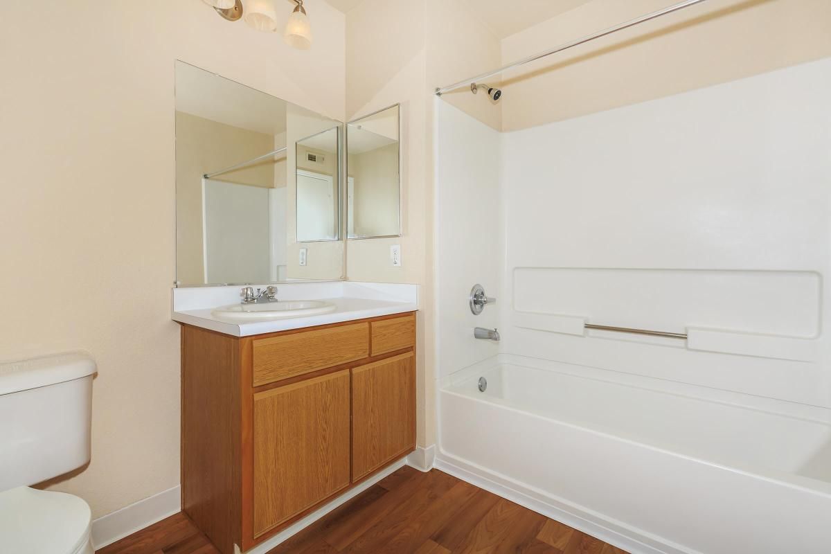 A clean and simple bathroom featuring a white bathtub, a wood grain vanity with sink, and a large mirror above. The walls are painted in a light color, and there is a sleek, modern look with ample natural light coming in from a window. The flooring is a warm wood tone, adding to the overall brightness of the space.