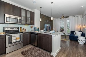 furnished kitchen with wooden cabinets