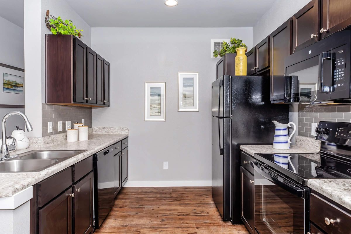 Modern kitchen featuring dark wooden cabinets, stainless steel appliances, and a grey stone countertop. The space includes a double sink, a black refrigerator, and an oven. Two framed pictures hang on the wall, complemented by green plants on top of the cabinets. The flooring is a warm wood finish.