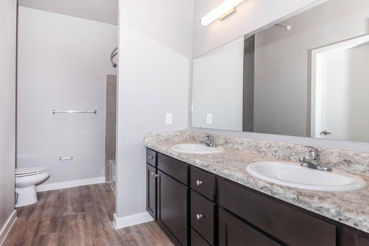 A modern bathroom featuring a double vanity with a granite countertop and two sinks. There is a large mirror above the sinks, a shower area with glass doors, and a toilet in the corner. The walls are painted light gray, and the flooring is wood-look laminate. Natural light illuminates the space.