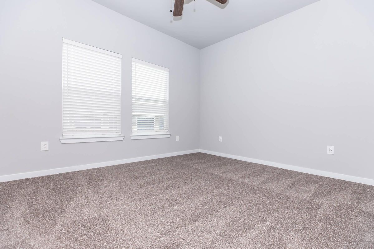 Empty room with light gray walls and two windows featuring white blinds. The floor is covered with beige carpeting, and there is a ceiling fan installed. The space is bright and minimal, creating a clean and open atmosphere.