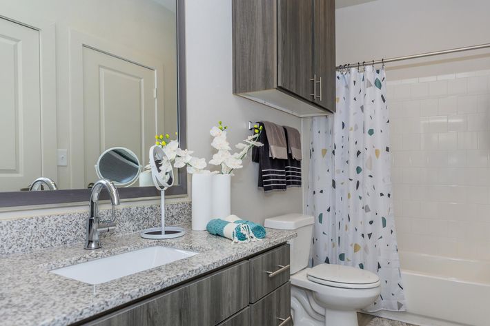 A modern bathroom featuring a granite countertop with a white sink, a large mirror, and a flower arrangement. The space includes a toilet, a shower with a curtain displaying a geometric pattern, and neatly arranged towels. Light, neutral colors create a clean and inviting atmosphere.