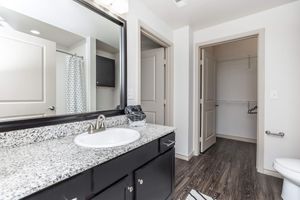 A modern bathroom featuring a dark granite countertop with a sink, a large mirror, and a stylish tile shower. The space has light-colored walls, a doorway leading to a closet, and a towel rack. The flooring is a dark wood laminate, creating a contemporary look with ample natural light.