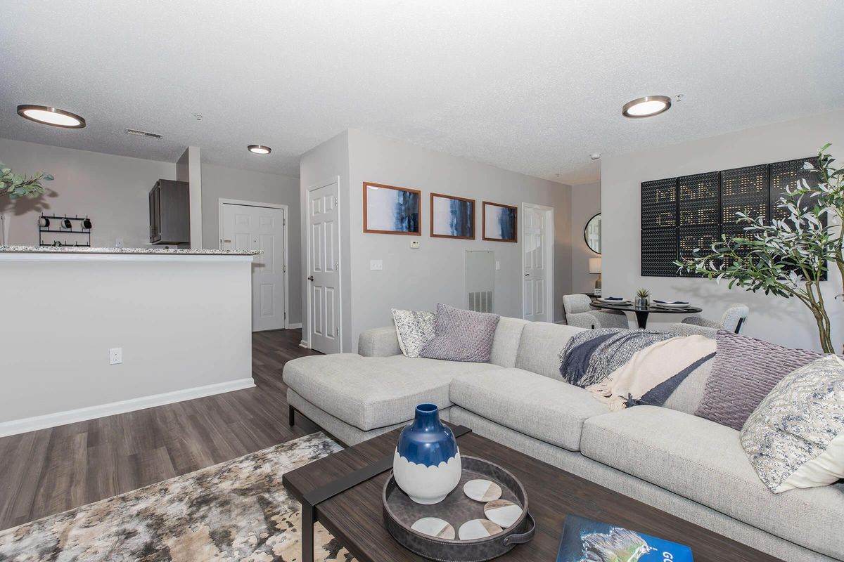 a living room filled with furniture and a mirror