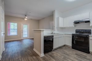North Forest Trails Apts Houston 1 bedroom apartment open kitchen with white cabinets and black appl