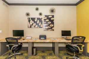 a desk with a computer on a table