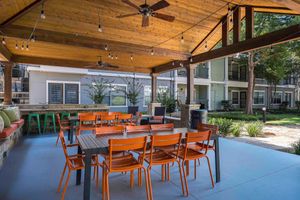 a dining room table in front of a building