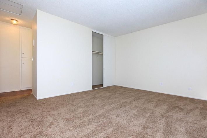 A spacious, empty room with beige, carpeted flooring and light-colored walls. There is a closet with sliding doors on one side, and the walls are free of decoration. A light fixture is visible on the ceiling. The overall atmosphere is neutral and inviting, suitable for personal customization.