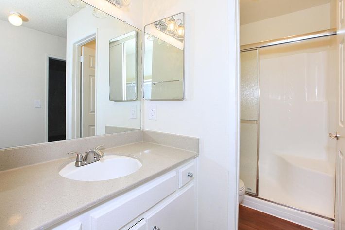 A well-lit bathroom featuring a countertop with a single basin sink, two mirrors above, and a shower stall. The walls are painted a light color, and the flooring is a warm wood tone. A door leads to another room, while the space appears clean and modern.